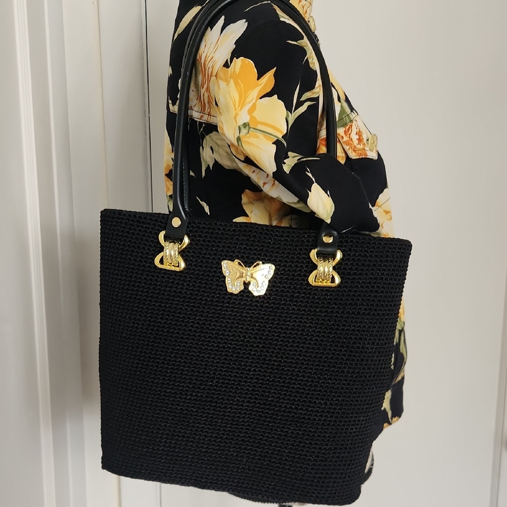 Chic Black Crochet Tote with Gold Butterfly Accent
